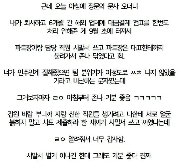 루리] 권고사직 당한지 반년도 넘은 전직장에서 장문의 문자가 왔다..jpg