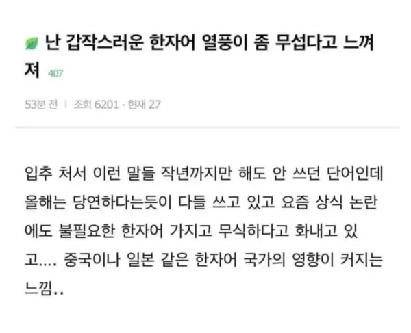 난 갑작스러운 한자어 열풍이 좀 무섭다고 느껴져...